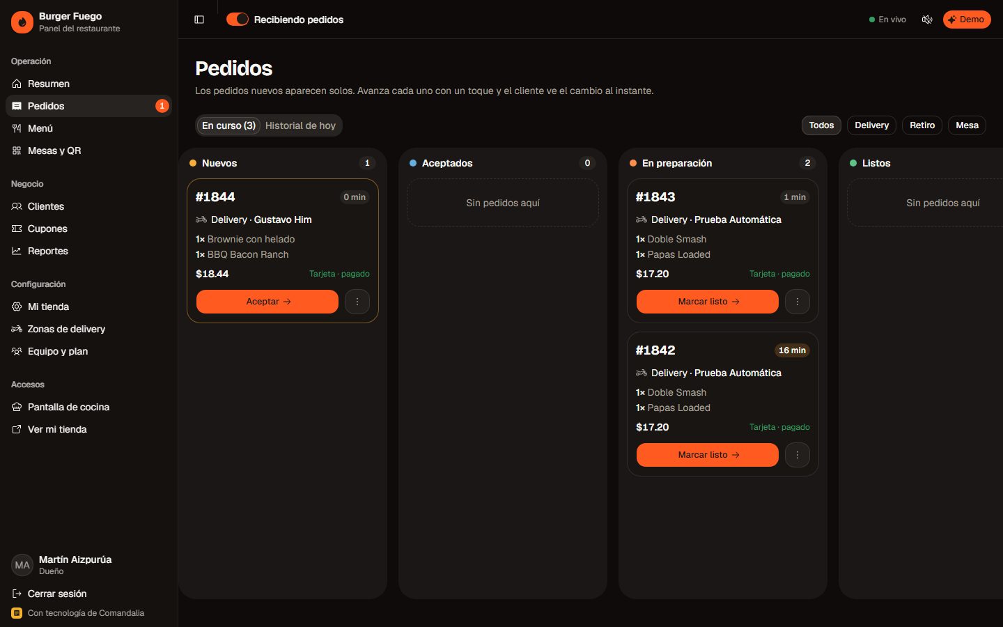 Tablero de pedidos en vivo
