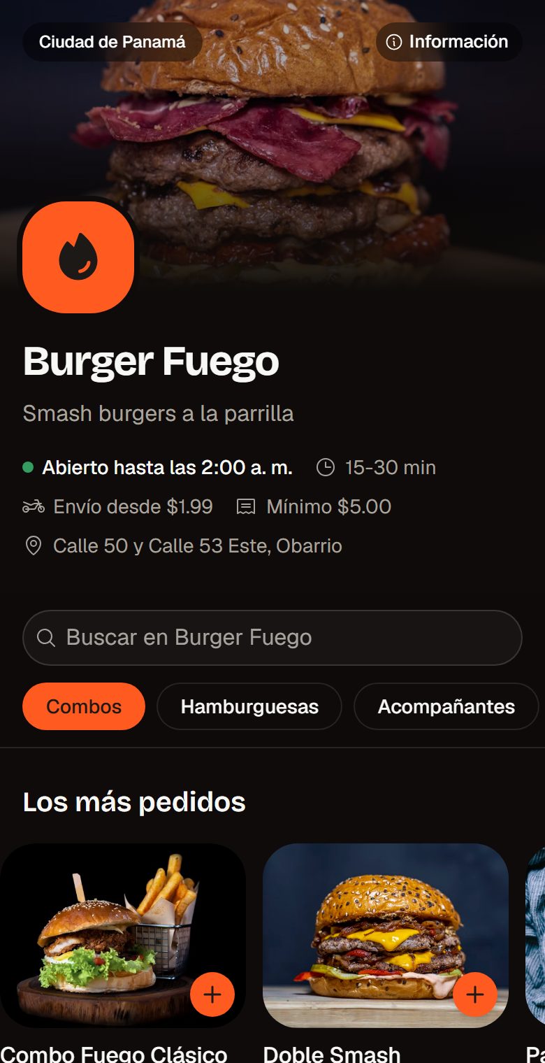 Tienda de Burger Fuego en un celular